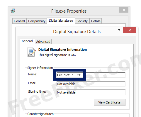 Screenshot of the File Setup LCC certificate